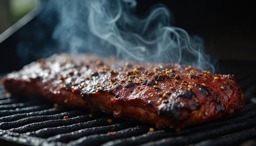 Smoked beef brisket cooks on the grill. Meat is seasoned well with tasty rub and covered with tasty glaze
