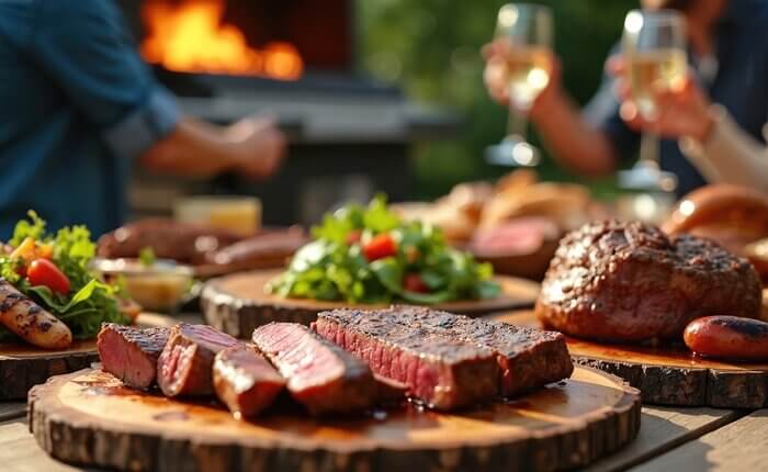 Friends gather for outdoor bbq feast with grilled steaks juicy sausages fresh salad wine. People enjoy savory meat dishes, outdoors on sunny day.