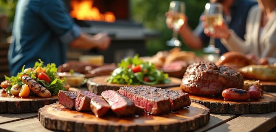 Friends gather for outdoor bbq feast with grilled steaks juicy sausages fresh salad wine. People enjoy savory meat dishes, outdoors on sunny day.