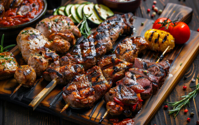 barbecue menu with delightful grilled meat and vegetables on a wooden table setting