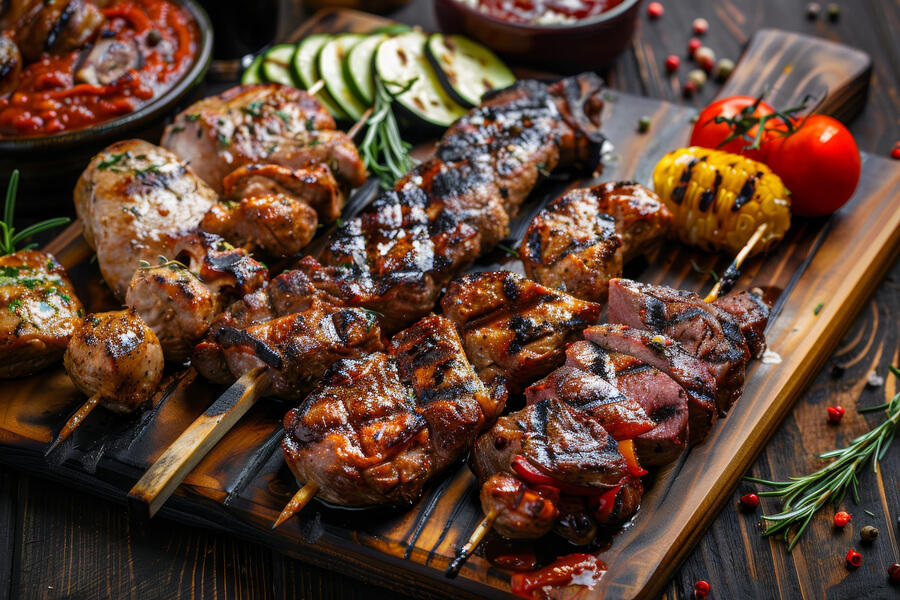 barbecue menu with delightful grilled meat and vegetables on a wooden table setting